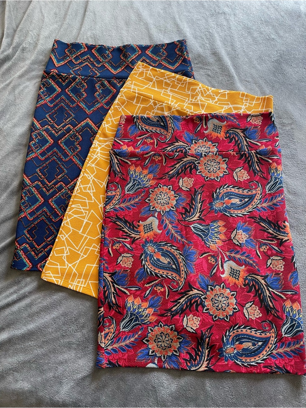LuLaRoe bundle- Mustard Yellow Geometric, Red Floral, and Navy Blue Bold pattern